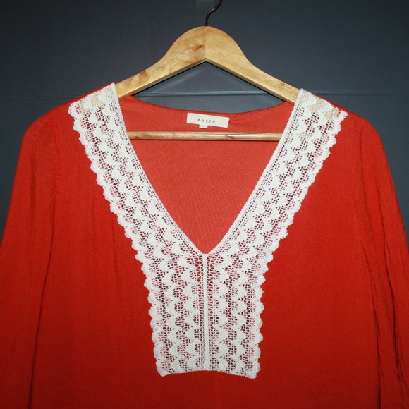 LIMITED SALE:ENTRO Rust Colored Long Sleeve Boho Tunic with Crotchet Trim Size M - Picture 3 of 8